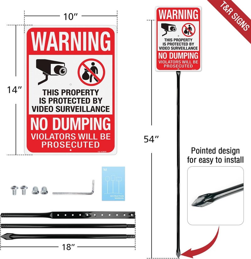 TR Large No Dumping Signs, Property Protected By Video Surveillance Sign with 54" Stake, Violators Will Be Prosecuted - 14"x10" .040 Rust Free Aluminum, Reflective, Waterproof and Fade Resistant, 2 pre-drilled holes, Includes Matching Screws & Wrench, Easy to Mount - Image 2